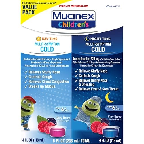 Mucinex Cold & Cough, Children's Multi-Symptom Day/Night Liquid, Very Berry, 8oz (2x4oz) Relieves Nasal & Chest Congestion, Thins & Loosens Mucus, Controls Cough, Reduces Fever, Soothes Sore Throat | For Ages 4+, Guaifenesin, Dextromethorphan HBr, Diphenhydramine HCl, Phenylephrine HCl & Acetaminophen, Alcohol-Free thumbnail 13