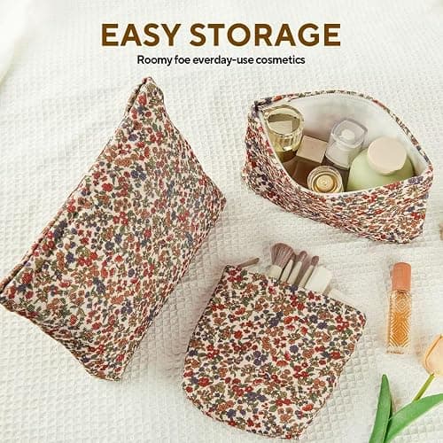 3Pcs Floral Makeup Bags, Cosmetic Bags for Women, Large Capacity Corduroy Makeup bag Set and Portable Mini Makeup Bag,Aesthetic Women Handbags Purses, Travel Essentials Aesthetic Stuff (Floral 01) thumbnail 3
