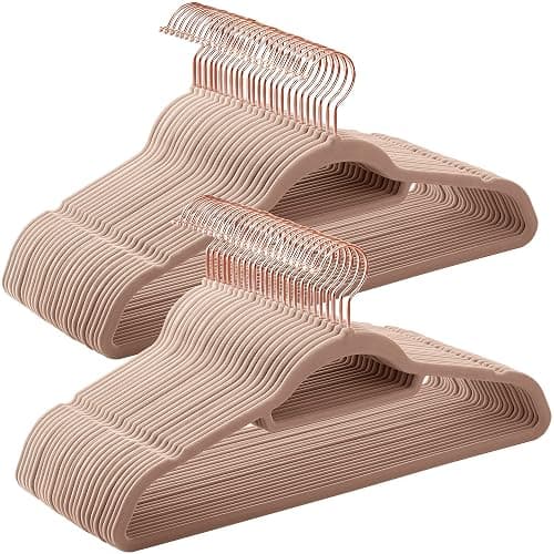 SONGMICS Velvet Hangers, Set of 50 Clothes Hanger with Rose Gold Swivel Hook, Non-Slip, and Space-Saving, 0.2-Inch Thick, 17.1-Inch Long for Coat, Shirt, Dress, Pants, Tie, Caramel Brown UCRF021LB50 - Image 1