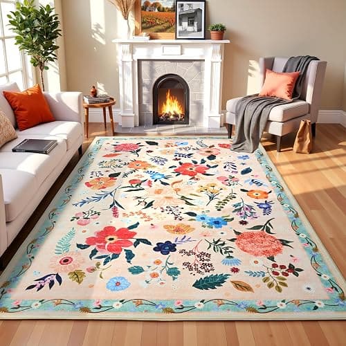 Terrug Floral Large Area Rug for Living Room, 6x9 Beige Washable Rug Boho Ultra-Thin Carpet, Soft Non Slip Stain Resistant Vintage Rug for Living Room, Bedroom, Dorm, Dining Room, Office - Image 1