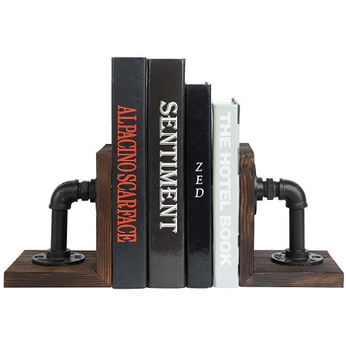 MyGift Book Ends Decorative, Bookends for Shelves, Metal Bookends for Heavy Books, Office Decor for Men, Wood Book Stopper, Realistic Industrial Pipe Design, Dark Brown thumbnail 7