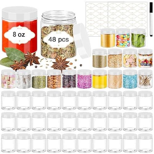 PeacePeo 8 OZ Plastic Jars, 48 Pack Clear Slime Containers with Lids | Stackable Leakproof Storage Jars, White Lids, Round Empty, Wide Mouth, for Pantry, Cabinet and Countertop Organization - Image 1