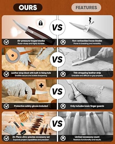 SakerNeo 25-Piece Wood Carving Kit Whittling Kit with Leather Storage Bag | Wood Carving Tools wood carving set Includes Gouges, Chisels, Knives – Ideal Woodworking Set for Beginners & DIY Gift thumbnail 4