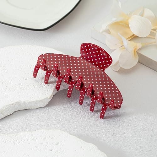 Large Acetate 4 Inch Hair Claw Clip for Women, Red Polka Dots Claw Clips & Jaw Clips for Thin or Thick Hair, French Style Hair Claws with Non-Slip Teeth, Hair Accessories for Updos, Buns & Ponytails thumbnail 2