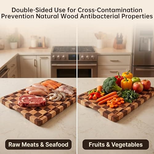 THETCHRY Cutting Boards for Kitchen, Checkered Cutting Board Upgraded, Acacia Wood Chopping Board with Juice Grooves & Handles, Large Butcher Block Serving Tray with Gift Box, 17"X12"X0.8" thumbnail 6