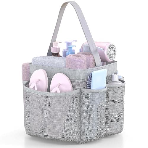 YASONIC Mesh Shower Caddy Portable for Dorm College Room Essentials, 8-Pocket Large Shower Bag with Single Handles, Hanging Shower Basket for Beach, Swimming, Bathroom, Beach, Grey - Image 1