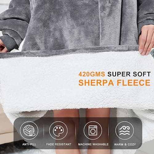 Cozystar Wearable Blanket Hoodie with Giant Pocket （Pet Won't Leave） Extra Soft Sherpa Fleece Thick Warm ＆ Cozy Oversized Sweatshirt Blanket Jacket with Sleeves-Grey thumbnail 5