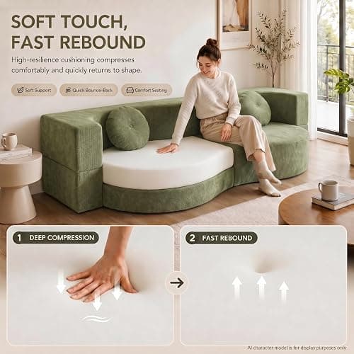 FGNIXLN Woven Fabric Sofa Bed, Convertible Fold Out Floor Couch, Boneless Sofa with 2 Round Cushions, Modular Sleeper Mattress for Living Room Bedroom Guest Room Small Spaces thumbnail 4