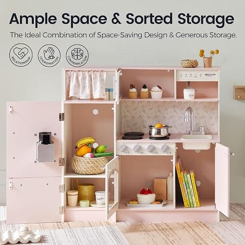 Tiny Land Play Kitchen for Kids, Upgraded Wooden Kitchen Toy with Complete Play Areas, Pretend Cooking Set with Sink, Stove, Microwave, Toy Coffee Station & Storage for Kids Ages 3+ thumbnail 5