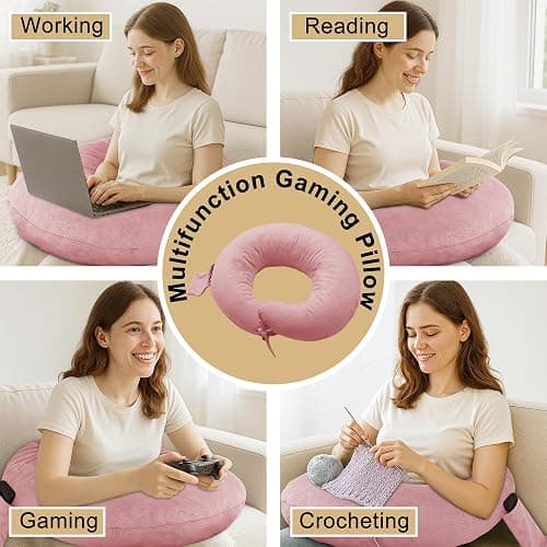 DWCN Reading Pillow for Gaming, Gaming Pillow for Lap Support with Side Pocket & Back Strap for Bed, Sofa, Floor - Arm Rest Pillow for Playing, Working, Sitting, Crocheting (Pink) thumbnail 5
