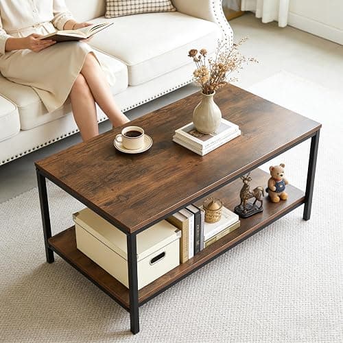 SUPER DEAL 2-Tier Industrial Coffee Table with Storage Shelf for Small Apartment Living Room, Rectangle Wood and Stable Metal TV Stand Side End Table, Rustic Brown thumbnail 8