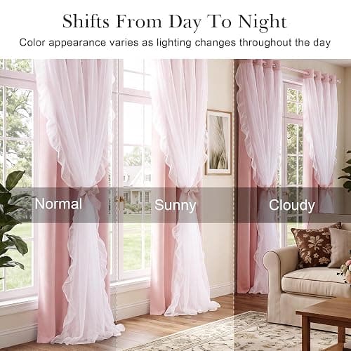 PONY DANCE Pink Blackout Curtains for Nursery/Girls Bedroom, 2 Panels | Double Layer Bow Curtains with Ruffle Sheer Overlay, Cute Shabby Chic Kids Toddler Room Decor Drapes Coquette Style,W52 x L84 thumbnail 6