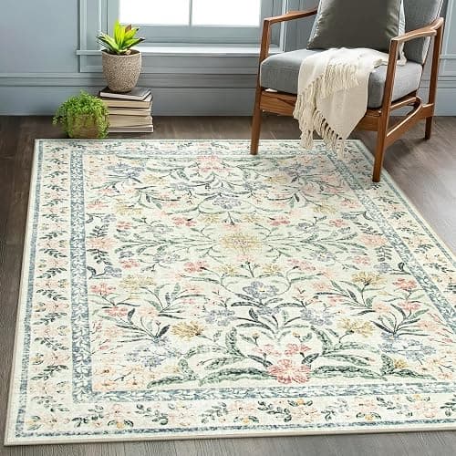 Wonnitar Boho Floral Washable Rugs 5x7, Soft Area Rugs for Bedroom, Ultra-Thin Non Slip Beige Area Carpets, Flower Print Decor Carpet for Living Room Nursery Dining Room Office thumbnail 3