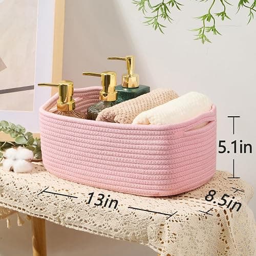 MiniArk Small Storage Baskets for Organizing | Closet Organizer Bins | Shelf Toy Basket | Woven Rope Baskets | Cube Decorative Box | Shallow Basket | 13x8.5x5.1” | 3 Packs Light Pink thumbnail 3