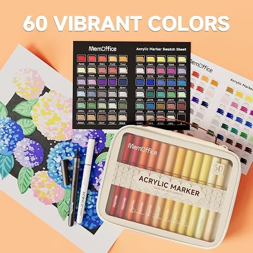 MemOffice Direct Liquid Acrylic Paint Markers, 60 Colors Brush Tip Pens with Carrying Case, No Bleed, Waterproof, for Rock, Wood, Canvas, Glass, Fabric, DIY Crafts for Adults thumbnail 6