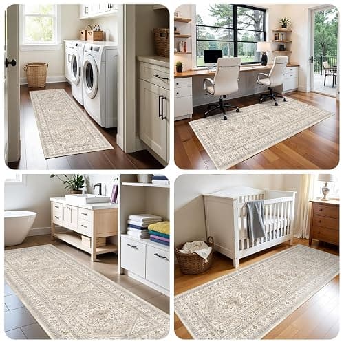 2x5 Runner Rug for Hallway Washable: Non Slip Kitchen Rugs with Rubber Backing Soft Waterproof Mats Stain Resistant Indoor Vintage Carpet Runner for Bedroom Bathroom Laundry Entryway Beige/Gray thumbnail 5