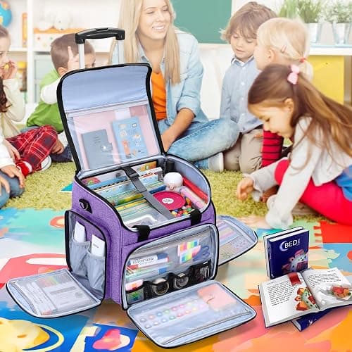 LUXJA Rolling Teacher Bag with Multiple Pockets and Bottom Support Pad, Multifunctional Teacher Tote Bag with Detachable Dolly (Patent Design), Purple thumbnail 2