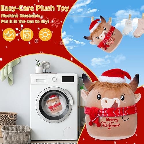 SEAOPOP Christmas Cow Stuffed Animal: 8-Inch Cute Highland Cow Plush Toy with Festive Scarf Soft Plushie Pillow, Perfect Christmas Holiday Birthday Gifts for Kids Girls Boys thumbnail 5