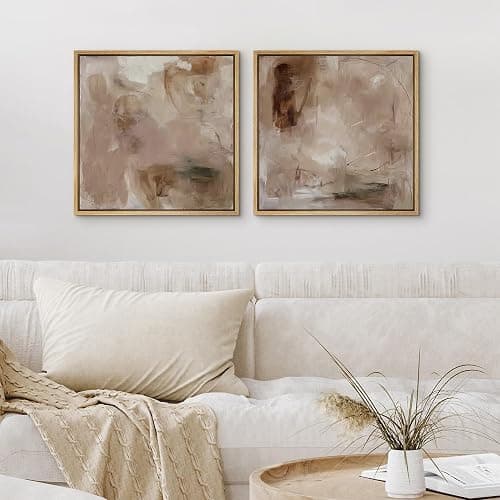 SIGNFORD Framed Canvas Print Wall Art Set Abstract Earthy Tones Soft Blush Illustrations Modern Art Minimal Relax/Calm for Living Room, Bedroom, Office - 24"x24"x2 Natural thumbnail 2