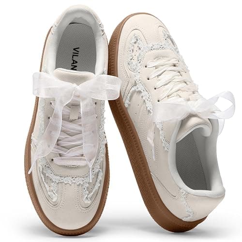 Vilanva Women's Lace Detail Fashion Sneakers Comfortable Casual Dress Sneakers with Retro Gum Sole Walking Trendy Footwear - Image 1