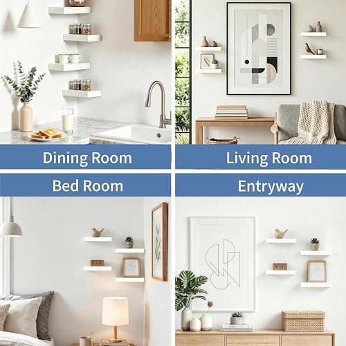 Mifurn Floating Shelves for Wall, Set of 4 Wooden Wall Mounted Shelves for Bathroom Over Toilet, Bedroom, Kitchen, Living Room & Office, Modern Hanging Storage and Wall Decor, White, 12"x7"x1.5" thumbnail 9