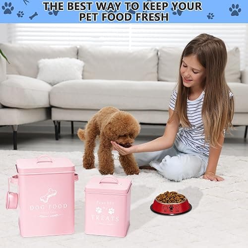 Meraki Home Small Dog Food Container and Dog Treats Container - Tight Lids - Feed Scoop and Pet Food Bowl - Farmhouse Metal Storage Bin - Matte Pink thumbnail 5