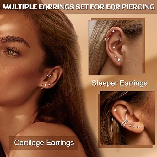 CASSIECA 9 Pairs Earrings for Women, 316L Surgical Steel Earring Set 14K Gold Hoops Earrings Stud Earrings Hypoallergenic Cartilage Huggie Hoop Tragus Piercing Jewellery - 9 Pairs- Silver thumbnail 3