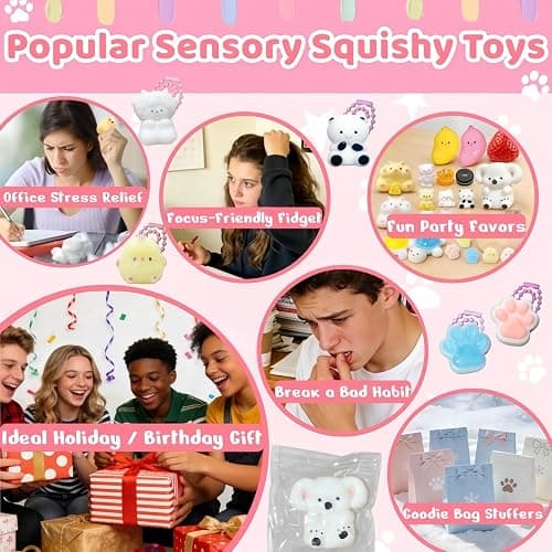 SUISUILE 24 Pack Squishy Toys Kit, Ultra-Soft Squishies with Keychain & Storage Box, Sticky Squishy Sensory Squeeze Toys, Include Hamster, Strawberry, Chick Squishies for Stress Relief Party Favors thumbnail 6