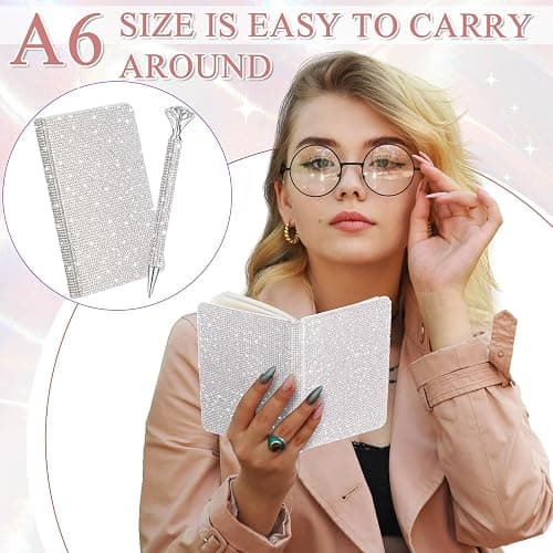 Resholder blue A6 Rhinestone Notebook & Pen Set Bling Diary for Girls | Hard Cover Glitter Journal for Women, Sparkly Desk Accessories Gift for Women, Cute Classroom Supplies for Back to School thumbnail 4