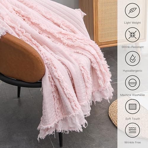 Ultra Soft Pre-Washed Quilted Throw Blanket, Ruffle Fringed Pink Boho Decorative Throw, Stone Washed Chic Rustic Blanket for Sofa Couch Bed Chair, 50"x 60" thumbnail 5