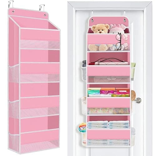 Over the Door Organizer, 4 Large Pocket Hanging Storage with 40lb Capacity | Space Saving Behind Door Storage for Nursery, Bathroom, Bedroom and Closet, Baby Stuff and Toiletry Organizer, Pink - Image 1