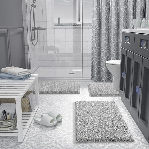 Yimobra Bathroom Rug Set 2 Piece, Soft Absorbent Microfiber Bath Mat Set, Non Slip Machine Washable Dry, Plush Shaggy Shower Rugs for Bathroom Floor, 32"x20"+24"x17", Light Gray and White thumbnail 3