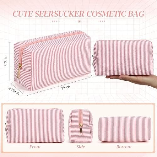 Sanwuta 6 Pcs Seersucker Cosmetic Bags Bulk, Striped Zippered,Coral Pink | Makeup Bags Women Pouch, Large Preppy Storage Toiletry Travel Pouch for Wedding Bridesmaid Bride Favor Back to Teacher Gift thumbnail 3
