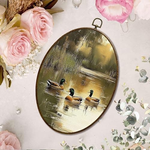 JQF Vintage Mallard Duck Oval Wall Decor, Rustic Farmhouse Oval Canvas Wall Art, Cottagecore Country Duck in Pond Framed Prints Hanging Decor for Home Bedroom Living Room, 8.5x11.5 Inch thumbnail 3
