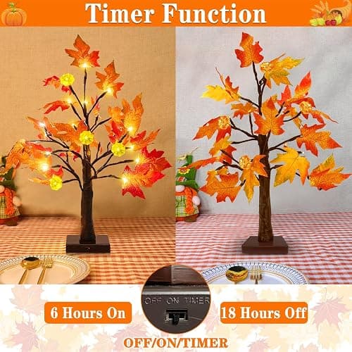 TURNMEON Fall Decor 2 Pack 18 Inch Prelit Fall Maple Tree 48 LEDs Timer | Halloween Fall Decorations for Home Battery Operated Pumpkin Lights Lighted Thanksgiving Decor Table Mantle Indoor Outdoor thumbnail 3
