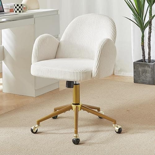 Home Office Chair with Petal Backrest, Corduroy Upholstered Desk Chair with Adjustable Swivel Wheels, Ergonomic Chairs for Living Room, Bedroom, Office, Study, Flower Cute Girls Vanity Chair(Beige) thumbnail 2