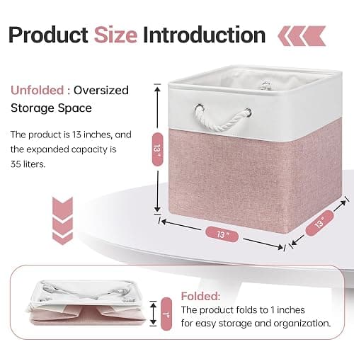 ECDYQXVU 13x13 Inch Cube Storage Bins with Reinforced Bottom Cardboard, 6 Pack Large Foldable Fabric Storage Cubes with Handles for Shelf, Closet, Laundry Organization (White&Pink) thumbnail 3