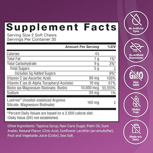 Force Factor Hair Growth Accelerator Soft Chews, Hair Growth Vitamins for Women and Men with Clinically Studied Lustriva and Biotin, Promotes Thicker, Fuller, Stronger Hair, Mixed Berry, 60 Soft Chews thumbnail 6