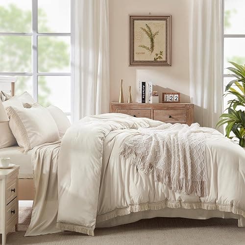 Andency Beige Comforter Set Full Size with Sheets -7 Pieces Boho Tassel Bed in a Bag Soft Lightweight Bedding Sets, All Season Fringe Bed Set with Comforter, Sheets, Pillowcases & Shams thumbnail 6