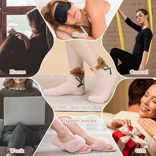 scenicamp 6 Pairs Floral Fuzzy Socks for Women Cute Cozy Plush Sleep Slipper Socks Warm Winter Sock for Christmas Birthday Gift thumbnail 7