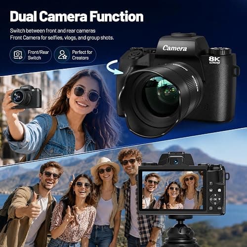 Cameras for Photography, 64MP Dual Lens Vlogging Camera & 32GB Card (Black) | 8K Digital Camera with 4" Touch Screen, LED Fill Light, 3000MAh Battery, Lens Hood, Hot Shoe & 32GB TF Card thumbnail 3