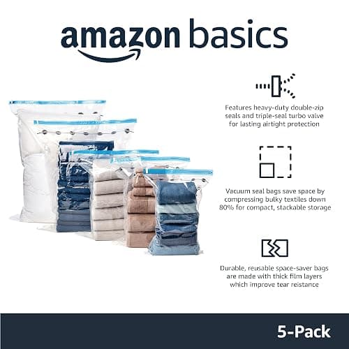 Amazon Basics Vacuum Compression Space Saving Storage Bags with Hand Pump, Large, Pack of 5, Clear thumbnail 4