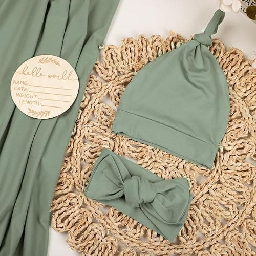 TANOFAR 4-Pack Newborn Swaddle Blanket for Baby Girls & Boys, Ultra Soft Receiving Blankets with Matching Headband and Beanie Set Baby Nursery Swaddle Wrap (Green) thumbnail 4