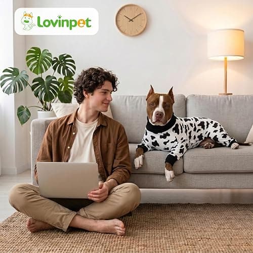 LovinPet Large Dog Pajamas, All-Season Animal Print, White, XL | 4-Leg Cotton Blend Bodysuit; Ribbed Cuffs; Warm Pajamas for Pitbulls and Big Breeds; Black; Large Breed Dog Jammies thumbnail 8