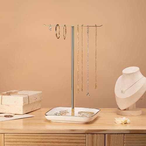 Jewelry Holder Stand with Ceramic Base: 12" Tall Necklace Organizer Rack, Tree Design Display Storage for Necklaces, Bracelets, Rings, Earrings, Aesthetic Room Décor for Girls and Women, Gold thumbnail 9