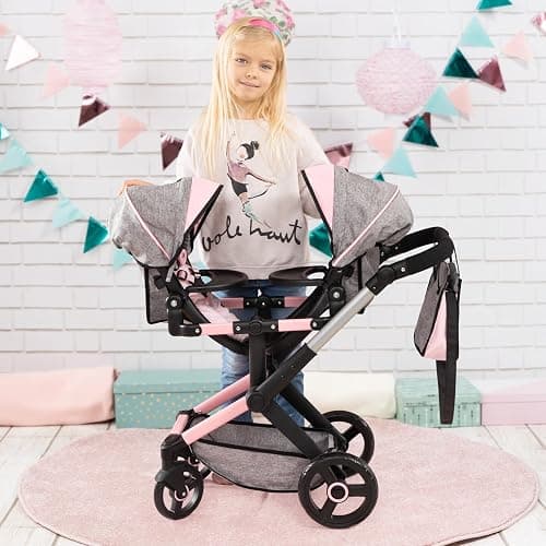 Bayer: Xeo Twin Pram - Butterfly Grey & Pink - Matching Handbag, Adjustable Handle, for Dolls Up to 20" thumbnail 6