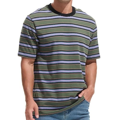 KLIEGOU Men's Fashion Loose Fit Crewneck Stripe T-Shirt - Image 1