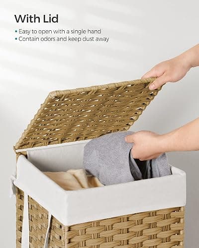 SONGMICS Laundry Hamper with Lid, 17.2 Gallon (65 L) Synthetic Rattan Clothes Laundry Basket with Lid and Handles, Foldable, Removable Liner, Goose Yellow ULCB165N01 thumbnail 4