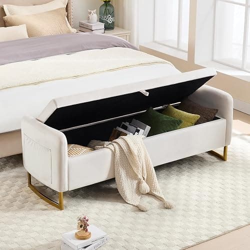 HOMYKA 65" Storage Ottoman Bench, Velvet Storage Bench for Bedroom, End of Bed Storage Bench with Tufted Upholstered and Gold Legs, Bedroom Benches with Arms for Living Room Window and Entryway Beige thumbnail 3