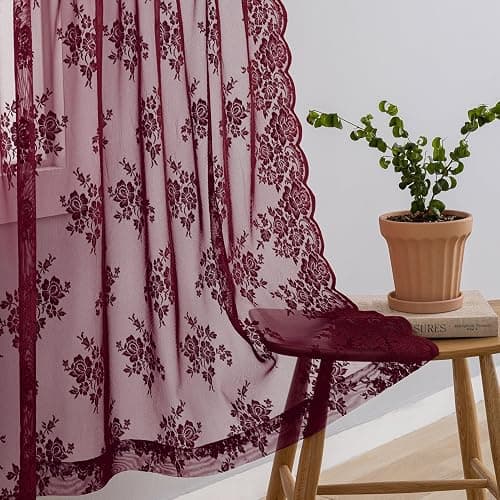 Kotile Burgundy Lace Curtains Short 30 Inch Length 2 Panels Cottagecore Floral Maroon Sheer Kitchen Curtains Over Sink, Rod Pocket Privacy Light Filtering Window Lace Cafe Curtain, 42 x 30 Inch thumbnail 6